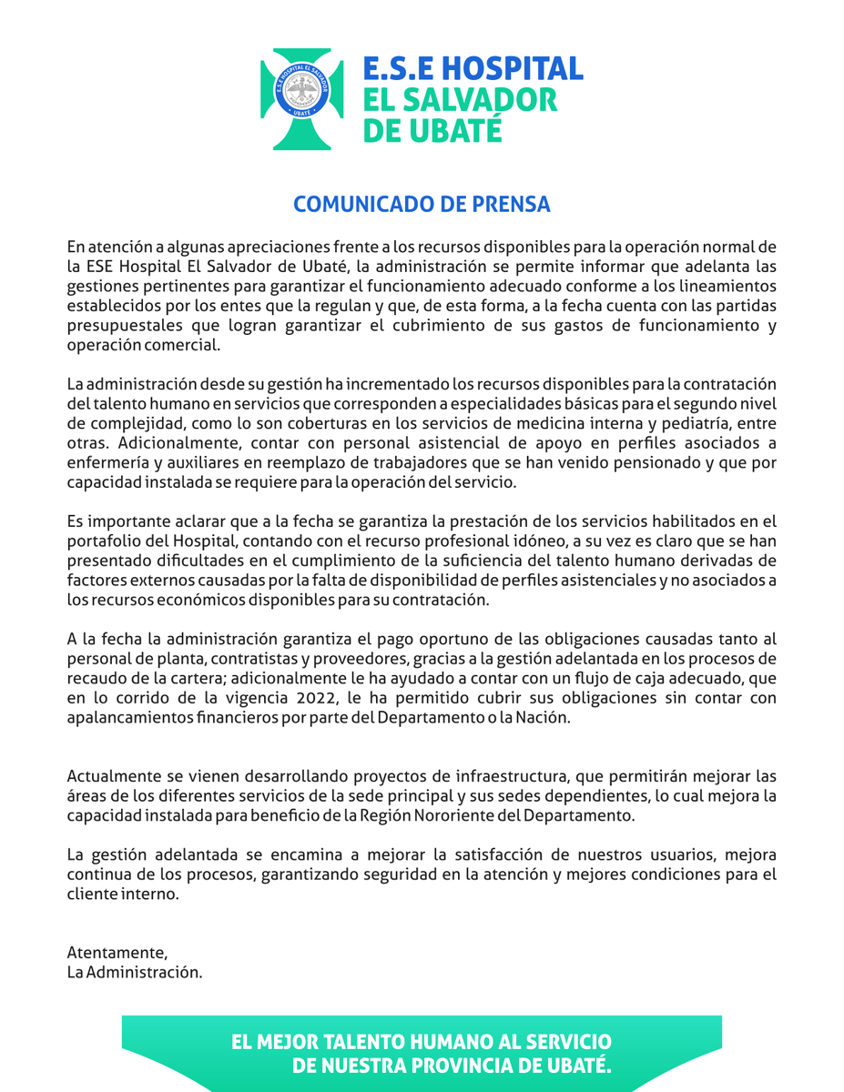 HospitalUbate's tweet photo. #DeInteresGeneral

COMUNICADO OFICIAL DE PRENSA
E.S.E HOSPITAL EL SALVADOR DE UBATÉ https://t.co/7Z1x7d9fq1