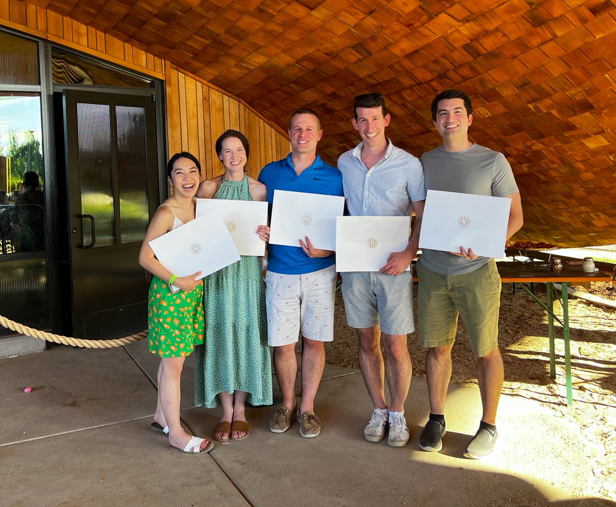 UCDavisPCCM's tweet image. Congratulations to our graduating fellows! Sad to see some of this fantastic group leave, but so proud of the physicians they’ve become. Janelle will be headed to @UM_PCCM, Rebecca and Josh to @OurLegacyHealth, Andrew to Travis Air Force / @UCDavisHealth, and Joel to @aboutKP 🎉