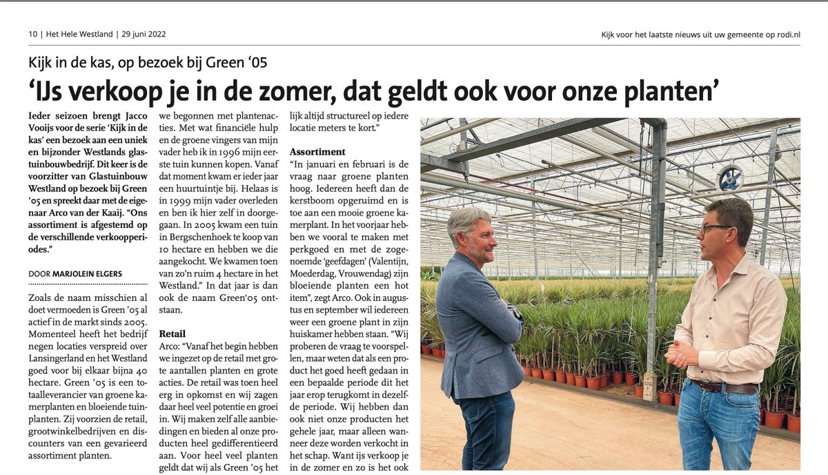 Dit keer was <a href="/VooijsWestland/">Jacco Vooijs</a> op bezoek bij <a href="/Green05bv/">Green05</a> voor Kijk in de Kas, hun motto: "IJs verkoop je in de zomer, dat geldt ook voor onze planten". Dit en ander #glastuinbouw nieuws vind je terug op onze wekelijkse pagina in @hethelewestland. Lees je mee? bit.ly/3uBwLcb
