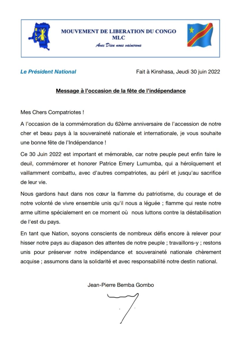 Chers compatriotes, soyons conscients des nombreux défis encore à relever pour hisser notre pays au diapason des attentes de notre peuple. Restons unis pour préserver notre souveraineté nationale et assumons dans la solidarité notre destin. 
Bonne fête de l'indépendance !