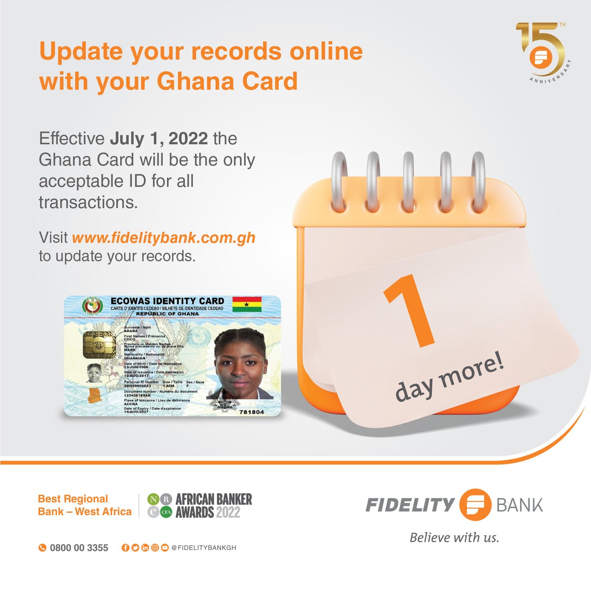 fidelitybankgh's tweet image. Effective tomorrow, the Ghana card will be the only acceptable ID for all transactions.
Kindly visit our website, www.fidelity bank.com.gh to update your records.