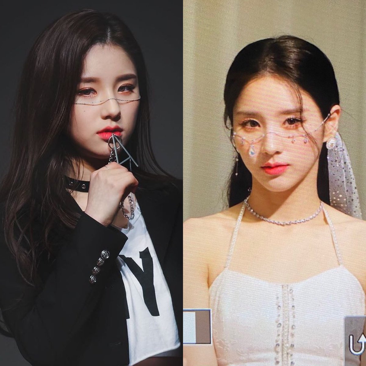 heejin with a face chain 

2020                                   2022