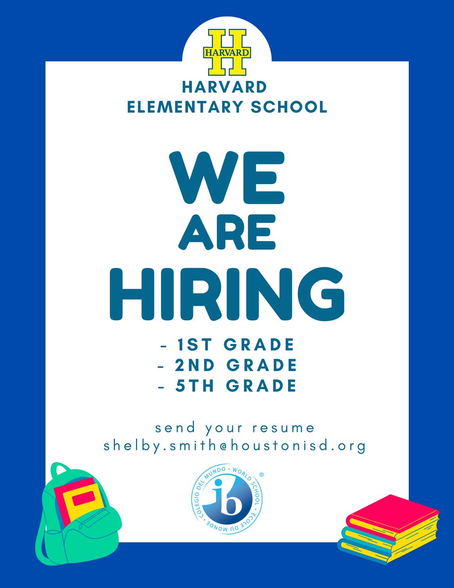 Shelby Calabrese, Ed.D. (@shelbycalabrese) on Twitter photo We are hiring <a href="/HarvardSchool/">Harvard Elementary</a> for the 2022-2023 school year! Send me your resume at shelby.smith@houstonisd.org. Come join our IB World School located in the heart of the Heights! <a href="/HISD_ESO1/">HISD_ESO1</a> @ESO1_HISD We are hiring <a href="/HarvardSchool/">Harvard Elementary</a> for the 2022-2023 school year! Send me your resume at shelby.smith@houstonisd.org. Come join our IB World School located in the heart of the Heights! <a href="/HISD_ESO1/">HISD_ESO1</a> @ESO1_HISD