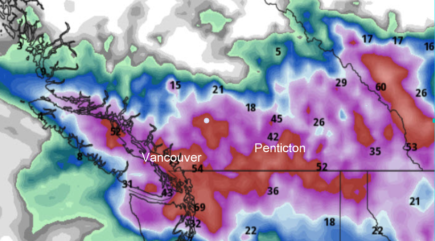 MMadryga's tweet photo. This concerns me - but it is potentially days away. Will follow the charts over the next few days, but the present prognosis below shows considerable rainfall this Sunday night through Tuesday morning in southern B.C. https://t.co/OICinKq1JJ