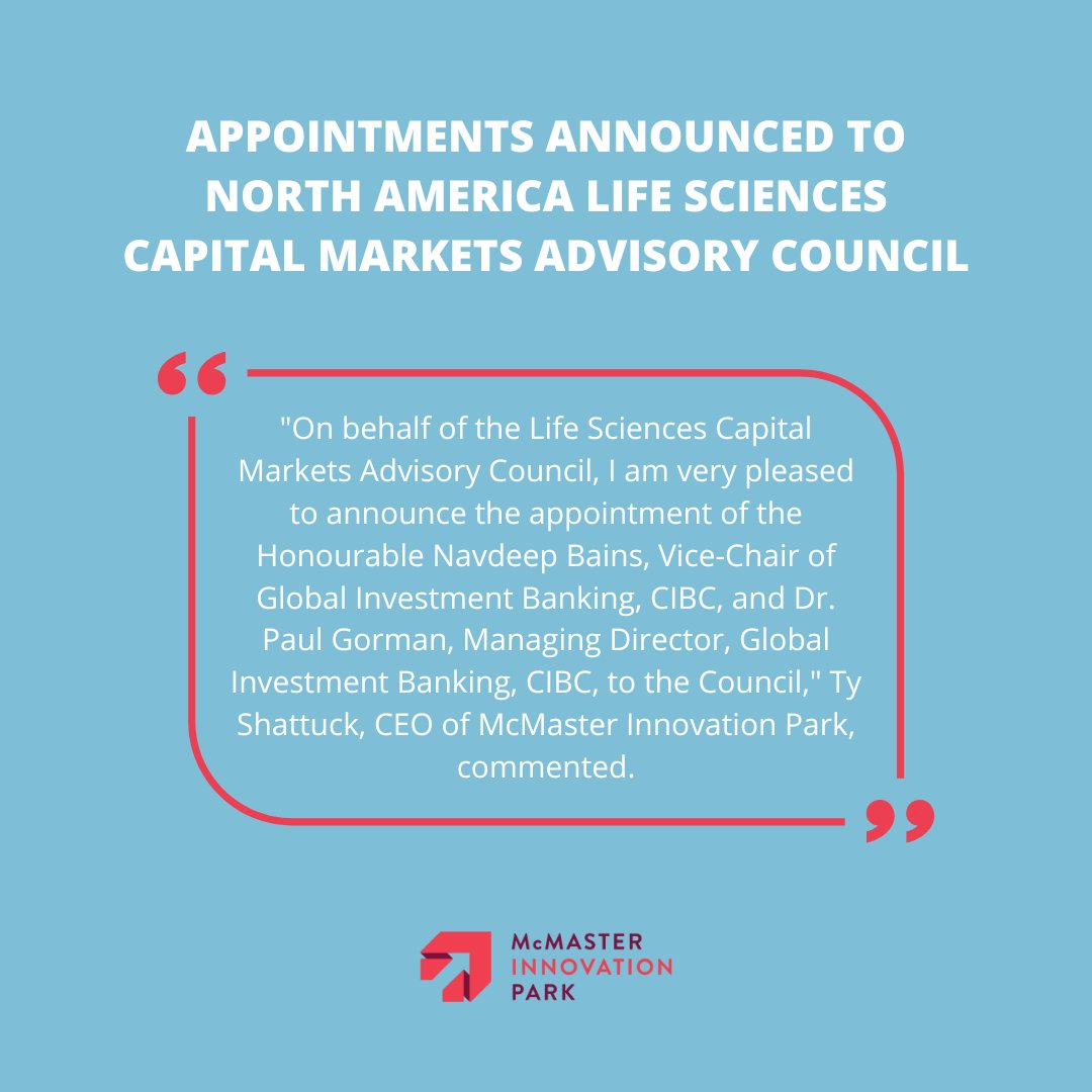 MIP_Hamilton's tweet photo. Ty Shattuck, Chief Executive Officer of McMaster Innovation Park (MIP) today announced new appointments to the Life Sciences Capital Markets Advisory Council at MIP ("Council", or "the Council"). See more here: https://t.co/xfxgQEKw5Z https://t.co/znfiJXxgmQ