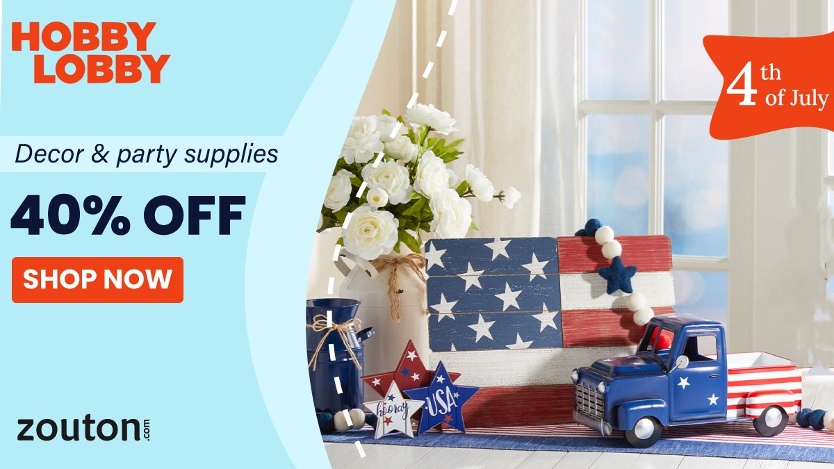 ZoutonUS's tweet photo. Buy all your 4th of July decor essentials from Hobby Lobby &amp; save 40% + an extra 40% off via zouton's exclusive codes. 🎊🎉

Avail now: https://t.co/ZKlUi3ex9g
.
#4thOfJuly #HomeDecor #coupons #onlineshop https://t.co/C5IJ4TCQCQ