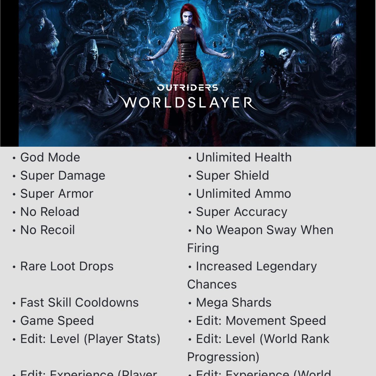 cheathappens's tweet photo. Do we have any #outridersworldslayer fans? These are just a few of the many ways our trainers can enhance your game play! Link in bio to get our trainers!
•
#pcgames #pcgamers #pcgaming101 #cheatcodes #pctrainers #pcsetups #gamingnerd #outriders #outridersgame https://t.co/bg1enwiP8I
