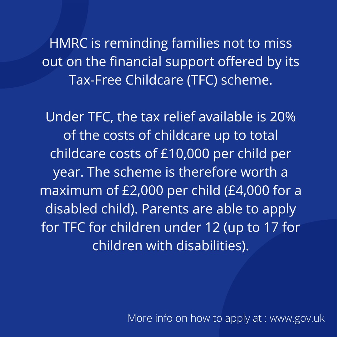 HMRC is reminding families not to miss out on the financial support offered by its Tax-Free Childcare (TFC) scheme.

For more information on how to apply visit: 
gov.uk/get-tax-free-c…
