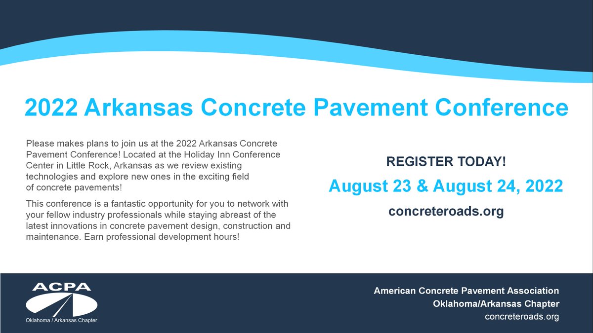 Arkansas Concrete Pavement Conference Registration is now open! 

Clink the link for more info and registration! 
concreteroads.org/2015-workshop/