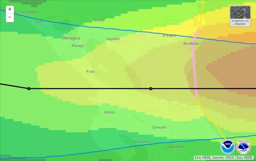 GREMNicaragua's tweet photo. SER/GERMNIC
Boletín 11 / Noaa
Última actualización de trayectoria esperada para Bonnie, a.pesar de migrar más al sur, la menos porción de tierra mantendrá fuerza de tormenta tropical en todo su paso, los vientos serán superiores a 34 kilotones.@GREMPanama @CREN_YN1YN https://t.co/9e28gk6CIn