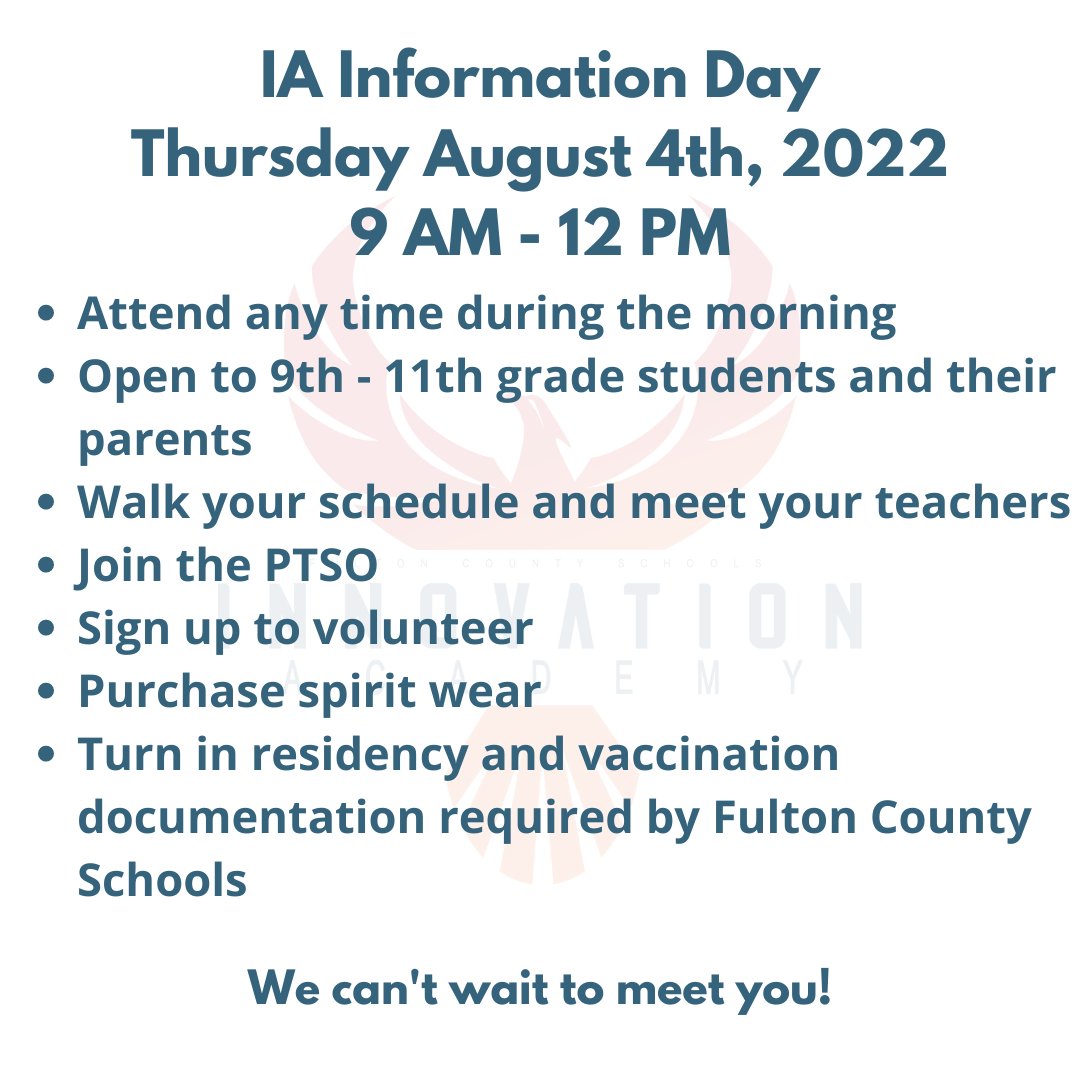 iaptso's tweet photo. Information day is Thursday, August 4th from 9am -12pm. Attend any time during the morning! #Welcomeback #FCSIA #IAPhoenix @IAFultonSchools https://t.co/mqnPpMoKFE