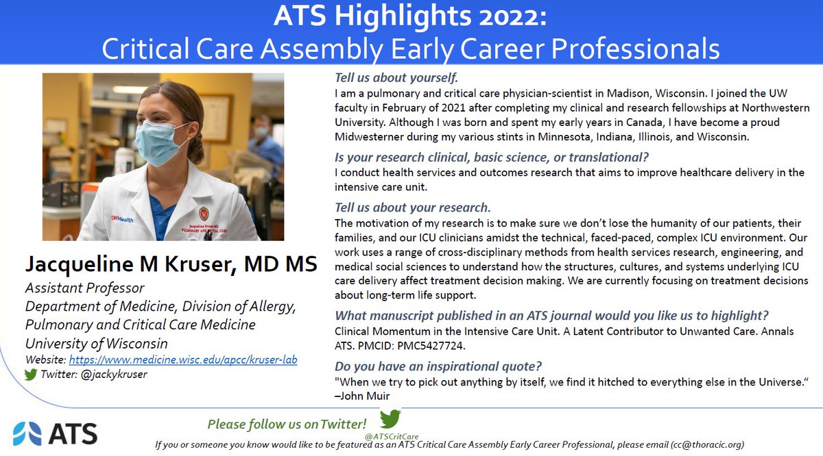 ATS_Assemblies (@ats_assemblies) on Twitter photo <a href="/ATSCritCare/">ATS Crit Care</a>'s newest ATS 2022 Early Career Professional is Dr. Jacqueline Kruser, MD, MS.🥳🎉
@jackykruser is a pulmonary & critical care physician-scientist in Wisconsin and conducts health services and outcomes research aiming to improve healthcare delivery in the ICU🩺 <a href="/ATSCritCare/">ATS Crit Care</a>'s newest ATS 2022 Early Career Professional is Dr. Jacqueline Kruser, MD, MS.🥳🎉
@jackykruser is a pulmonary & critical care physician-scientist in Wisconsin and conducts health services and outcomes research aiming to improve healthcare delivery in the ICU🩺