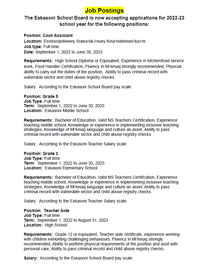EskasoniSchools's tweet photo. We are currently accepting applications for a number of positions to begin in the 2022-2023 school year: https://t.co/q9Gg94KMaM