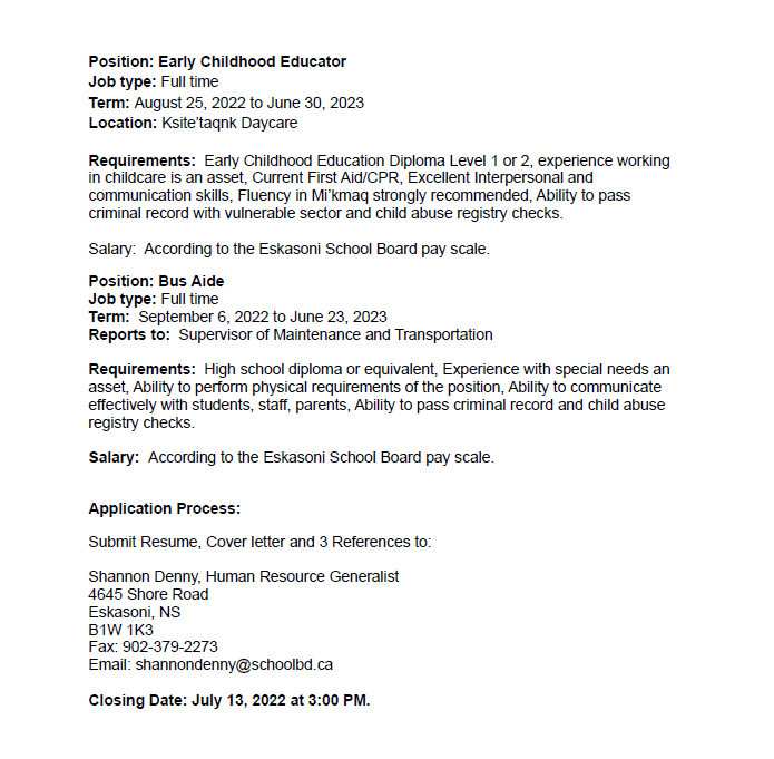 EskasoniSchools's tweet photo. We are currently accepting applications for a number of positions to begin in the 2022-2023 school year: https://t.co/q9Gg94KMaM