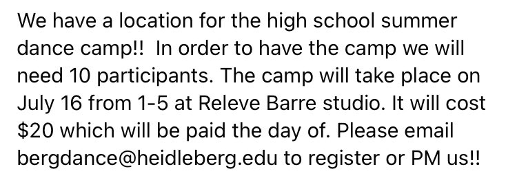 We will be hosting a summer high school dance camp!!