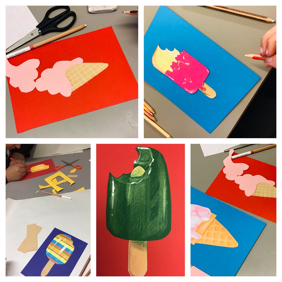 Ice cream pop-up in Art this afternoon! Year 9 create some tempting collage ice creams using paper & pencil crayons. #KHVIIIspark