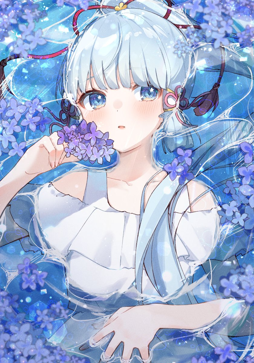 kamisato ayaka 1girl flower solo blue eyes dress long hair bangs  illustration images