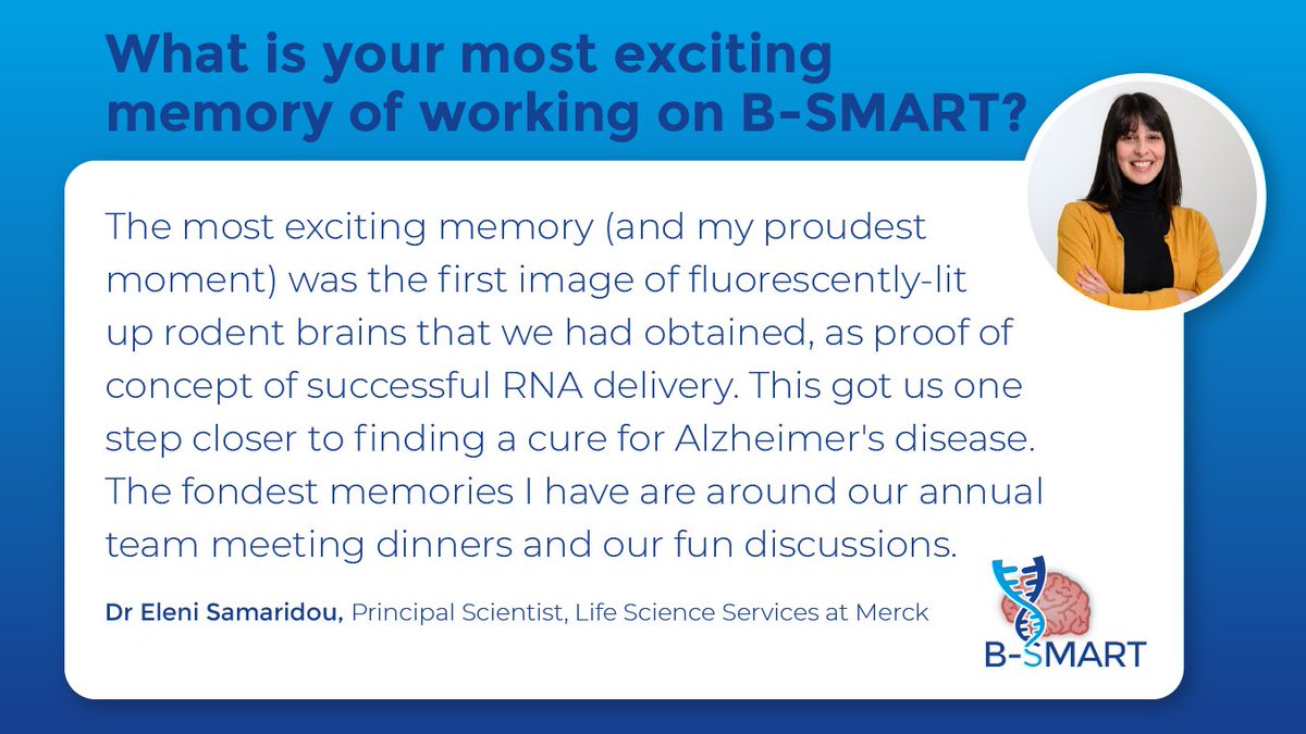 B-SMART (@bsmart_h2020) on Twitter photo Eleni shares some professional and personal memories of her time in B-SMART. We missed having you at the last meetings, <a href="/LenaSamaridou/">Eleni Samaridou</a>! 😉
#ENDALZ #braindelivery #RNA Eleni shares some professional and personal memories of her time in B-SMART. We missed having you at the last meetings, <a href="/LenaSamaridou/">Eleni Samaridou</a>! 😉
#ENDALZ #braindelivery #RNA
