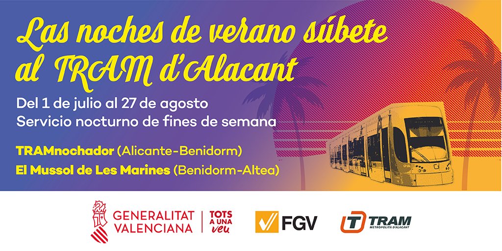 TramdeAlicante's tweet photo. 📢🌛🚊 La @generalitat vuelve a poner en servicio el #Tramnochador y #MussolLesMarines de #TRAMdAlacant🙌

⏰ Las noches de los viernes, sábados y vísperas de festivos

🗓️ Desde el 1 de julio hasta el 27 de agosto

➡️ https://t.co/8zmazHtTsl https://t.co/CX7tHaa7Hy