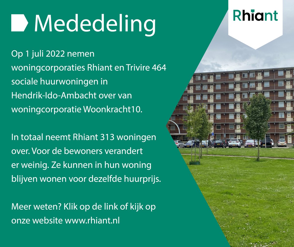 Op 1 juli 2022 neemt Rhiant samen met Trivire 𝟒𝟔𝟒 𝐬𝐨𝐜𝐢𝐚𝐥𝐞 𝐡𝐮𝐮𝐫𝐰𝐨𝐧𝐢𝐧𝐠𝐞𝐧 in Hendrik-Ido-Ambacht over van woningcorporatie Woonkracht10. Meer informatie? Lees dan het artikel op onze website bit.ly/3nqFRnV.