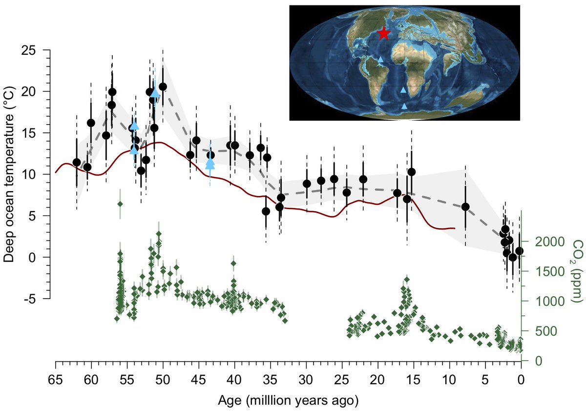 Excited to share this new record of deep ocean temperatures over the last ~60 Million years! Using the clumping of carbon and oxygen isotopes in ancient shells we show that peak Cenozoic deep sea temperatures were warmer (~20 C!) and more dynamic than previously thought 🧵