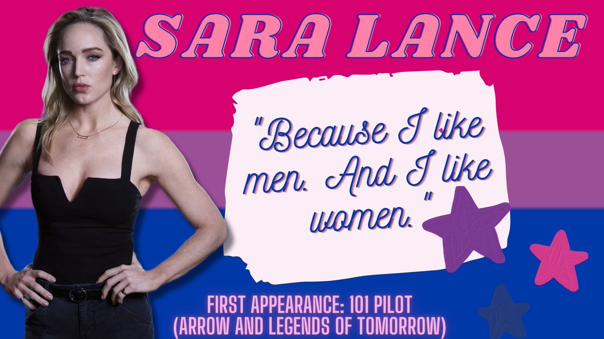 SARA LANCE - Bisexual

Captain of the Legends. Former member of the League of Assassins.

Known formerly as The Canary and now as White Canary.
First appearance TEN years ago in Arrow's pilot. 

Played by Caity Lotz 

Tell us ten things you like about her!

#SaveLegendsOfTomorrow