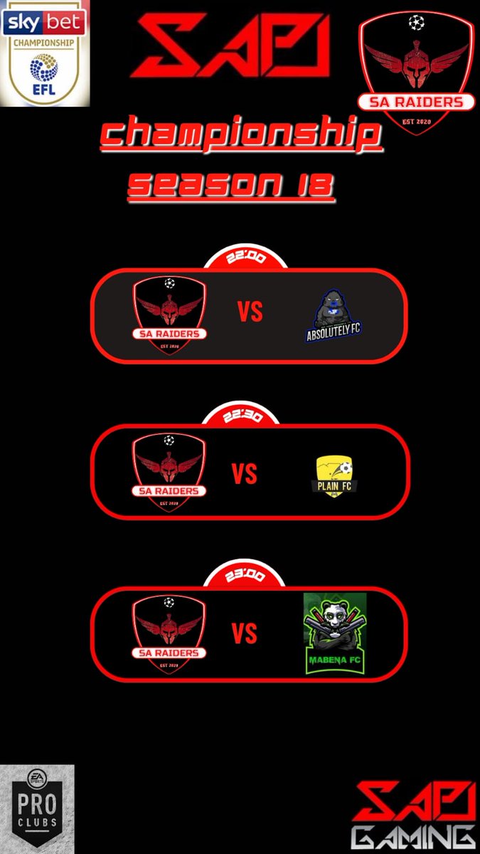 We are well within the second half of Season 18 of <a href="/SAProClub/">SA Pro Club League</a> , our boys are looking to get one up on #AbsolutelyFC in our return fixture and pick up where we left off against <a href="/PlainFc/">PLAIN FC</a>. We are looking to return to winning ways in the cup against <a href="/SAPLMabenaFC/">Mabena FC</a>.

Let's go Raiders!