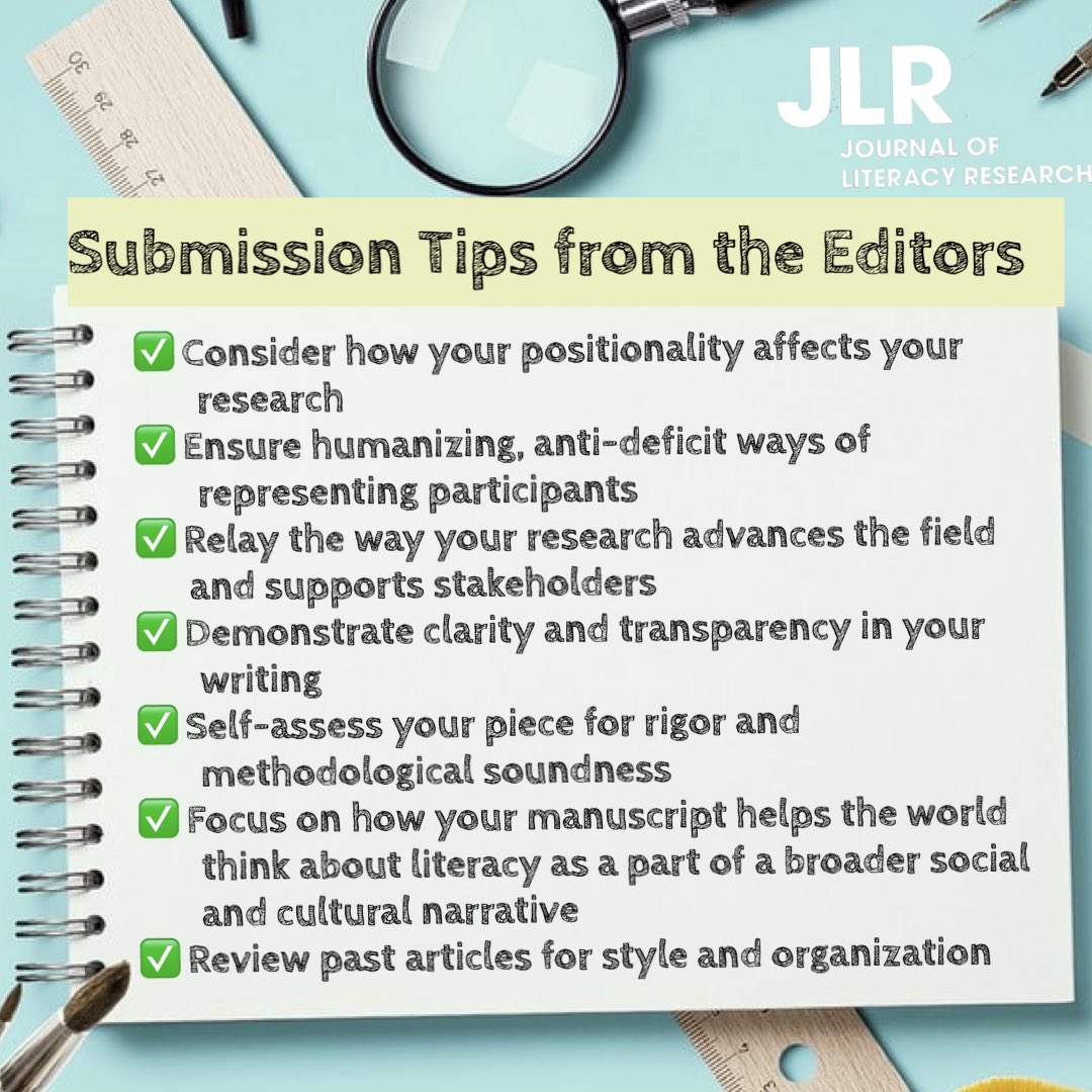 JLiteracyRes's tweet photo. Reminder that manuscripts for the special themed issue: βLiteracy at a Crossroads: Apocalypse and/or Opportunity?β are due July 15th! What other submission tips would you add to this list?
#literacyresearch #jlr #lra #submissiontips #peerreviewed https://t.co/LnTQoLp23U
