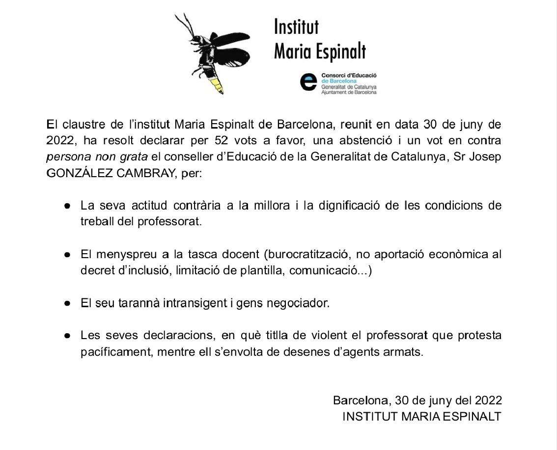 El claustre de l'institut <a href="/IMariaEspinalt/">Institut Maria Espinalt</a> declara al conseller Gonzalez Cambray persona non grata.