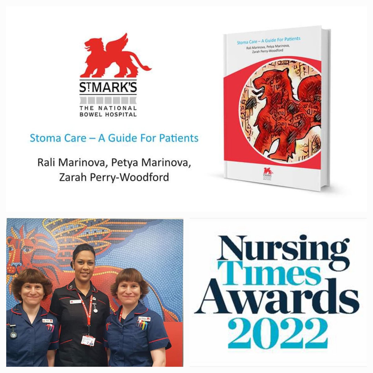 So proud of our stoma patients book being nominated in 2 categories of the Nursing Times Awards - Promoting Patients Self-management & Theatre and Surgical Nursing. 🦁❤️🦁❤️🦁  #WeAreStMarks 
@bowelsofstmarks @StMarksHospital @NursingTimes
#stomaawareness