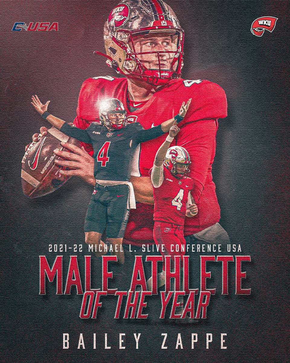 We doubt he has any room left in his trophy case, but he'll have to find space for one more award 🏆

Congrats to <a href="/baileyzappe04/">Bailey Zappe</a> on being named C-USA Michael L. Slive Male Athlete of the Year! 

🔗 goto.ps/3bDXQVg

#GoTops