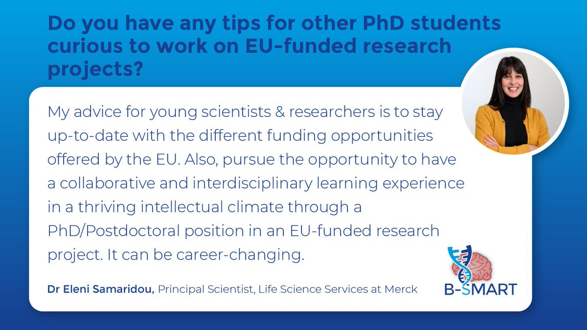 B-SMART (@bsmart_h2020) on Twitter photo Finally, <a href="/LenaSamaridou/">Eleni Samaridou</a> shares her advice for young researchers and her view on the benefits of EU-funded projects.
#PhD #postdoc #EUresearch #HorizonEurope #sciencetwitter Finally, <a href="/LenaSamaridou/">Eleni Samaridou</a> shares her advice for young researchers and her view on the benefits of EU-funded projects.
#PhD #postdoc #EUresearch #HorizonEurope #sciencetwitter