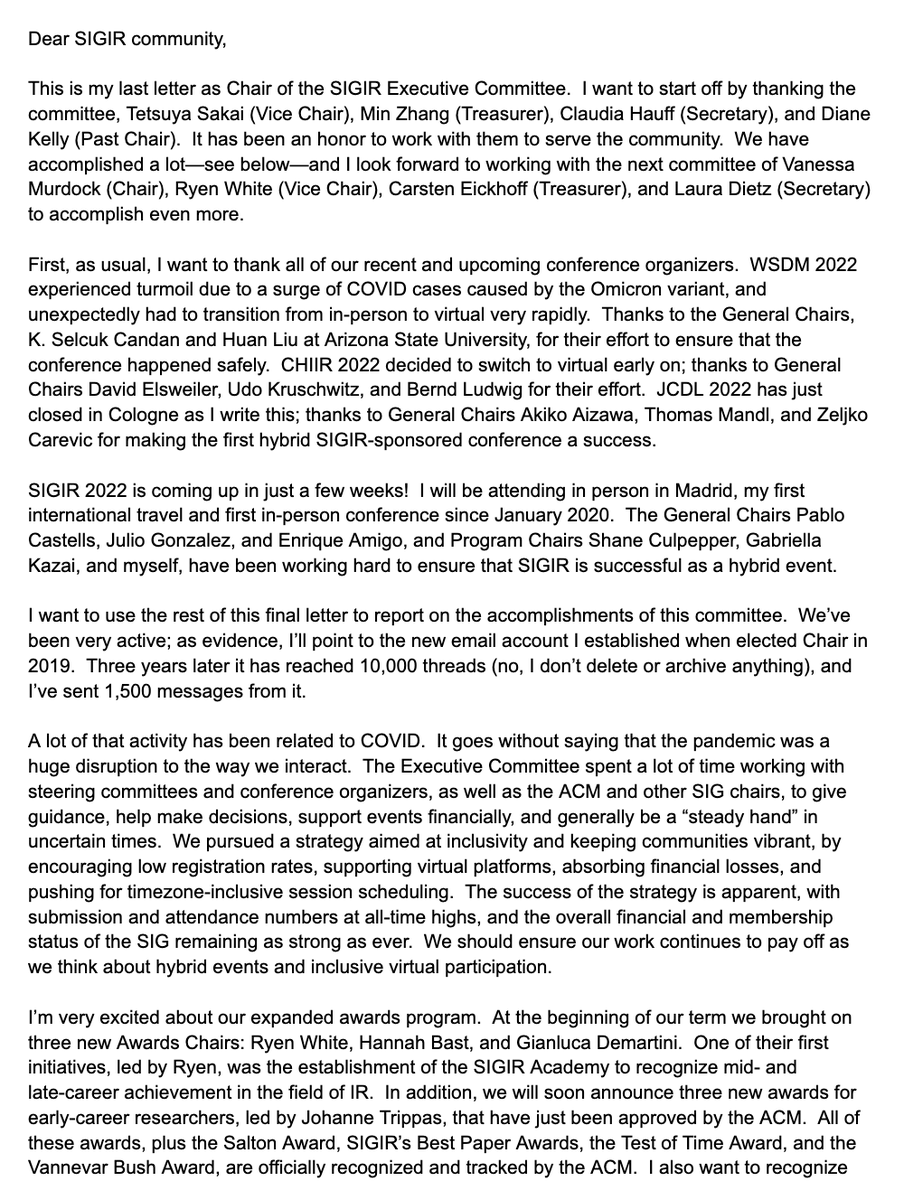 BenCarterette's tweet photo. Here's my final letter as Chair of the @ACMSIGIR Exec Committee, to appear in the June issue of @SIGIRForum. Thanks so much to the committee @tetsuyasakai @CharlotteHase @mzhang_bj Diane Kelly, and to our volunteers, conf leaders, and the whole community. It's been a pleasure. https://t.co/6F1ek22CnY