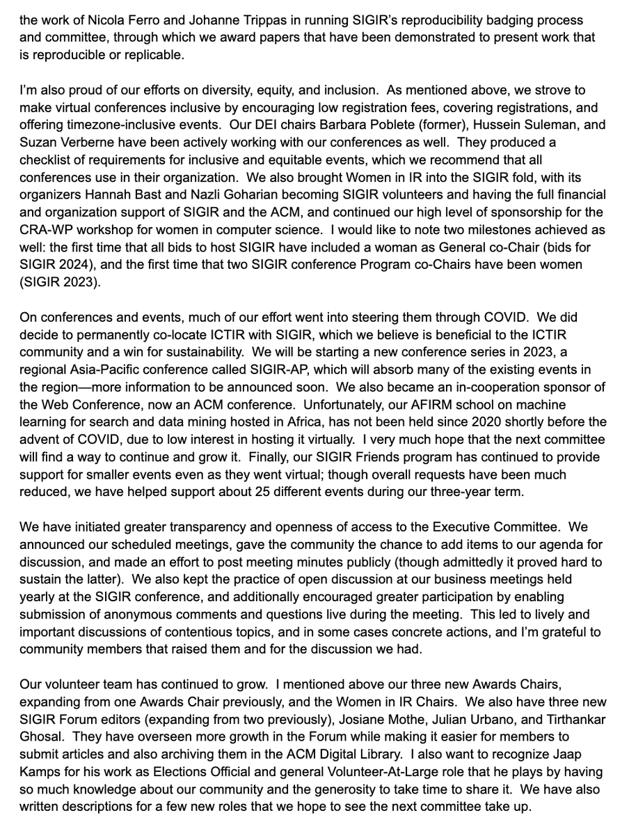 BenCarterette's tweet photo. Here's my final letter as Chair of the @ACMSIGIR Exec Committee, to appear in the June issue of @SIGIRForum. Thanks so much to the committee @tetsuyasakai @CharlotteHase @mzhang_bj Diane Kelly, and to our volunteers, conf leaders, and the whole community. It's been a pleasure. https://t.co/6F1ek22CnY