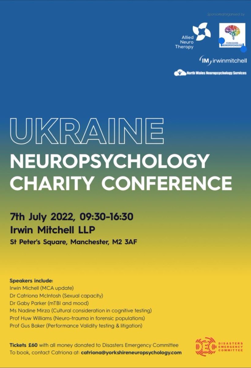 Catriona McIntosh (@catrionamcinto1) on Twitter photo Exciting news! The Ukraine neuropsychology conference is now available to watch online and via recording. We have a great line up for 7th July so DM or email me on catriona@yorkshireneuropsychology.com to get your in person or online ticket. 100% of ticket is donated to DEC. Exciting news! The Ukraine neuropsychology conference is now available to watch online and via recording. We have a great line up for 7th July so DM or email me on catriona@yorkshireneuropsychology.com to get your in person or online ticket. 100% of ticket is donated to DEC.