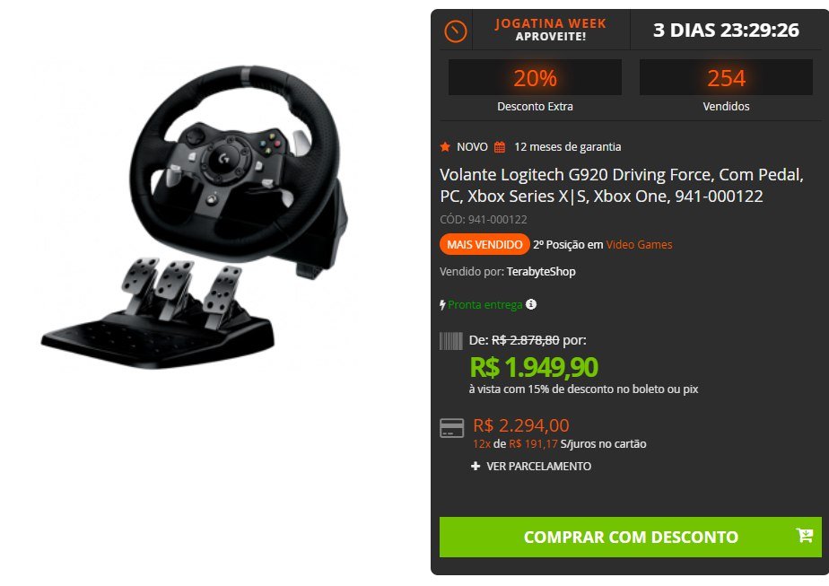 Terabyte on X: OFERTA! 🚨 Volante Logitech G920 Driving Force, Com Pedal,  PC, Xbox Series XS, Xbox One, 941-000122 Por apenas: R$1.949,90😱 ou 12x  de R$191,17 sem juros 💳 🛒 Link da