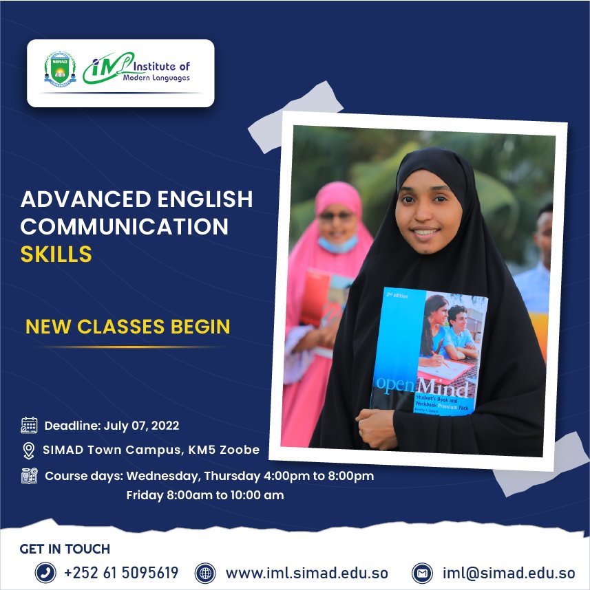 Institute of Modern Languages started a New Class for Advanced English Communication skills Course:

Admission is Open: All interested students can enroll before 7th July 2022. 

Please share this information with your family and friends.