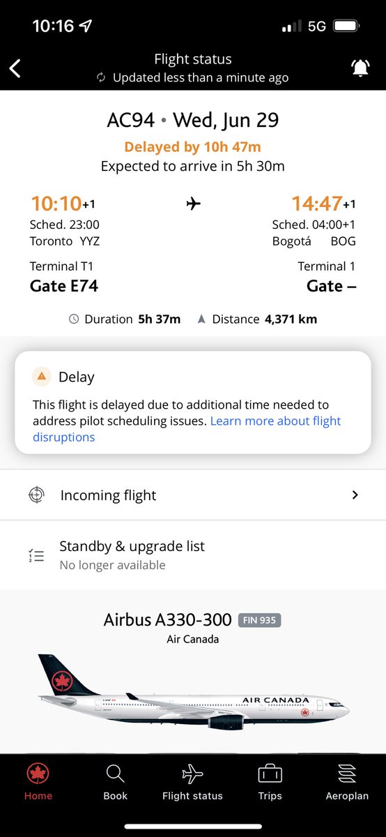 SG_LLP_'s tweet photo. @AirCanada AC94 delayed over 10hrs.   And we don’t really know the cause of it yet.   Lack of transparency and customer service  Air Canada! https://t.co/xYcRP9JvhI