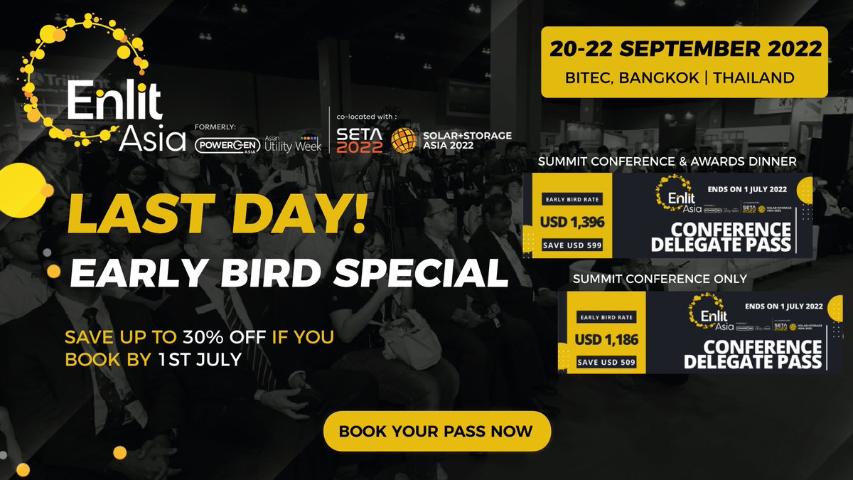 ⏰ Last Day for Early Bird savings!

🔥 Don’t miss the opportunity to save up to $599 on your delegate passes!

Book your Conference Delegate Passes for the leading gathering for senior members of the ASEAN power and electricity sector.

👉 bit.ly/3Owfd8I

#EnlitAsia