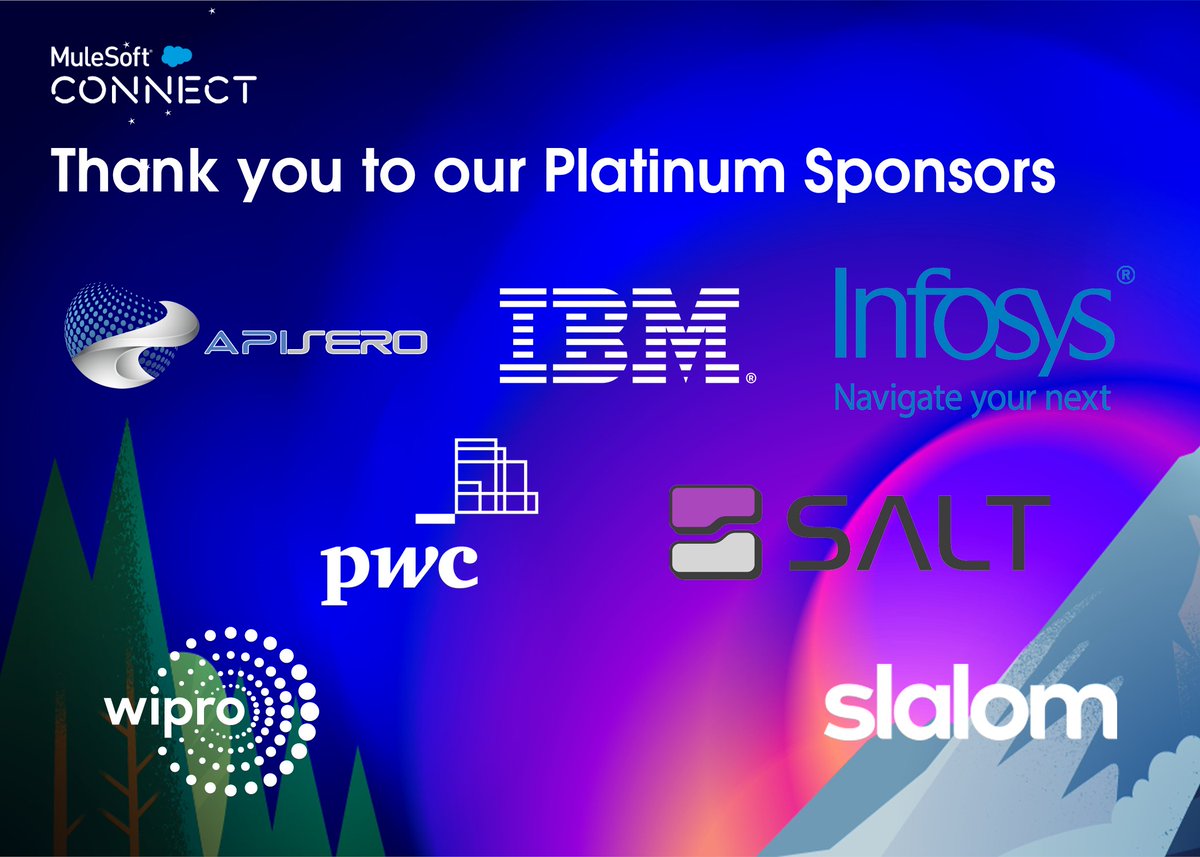 MuleSoft's tweet photo. Let's make some noise for our #MuleSoftCONNECT Platinum Sponsors! Thank you @Apisero, @IBM, @SaltSecurity, @Slalom @PwCUS, @Wipro, and @Infosys! 👏🎉 https://t.co/7KvNazITpo