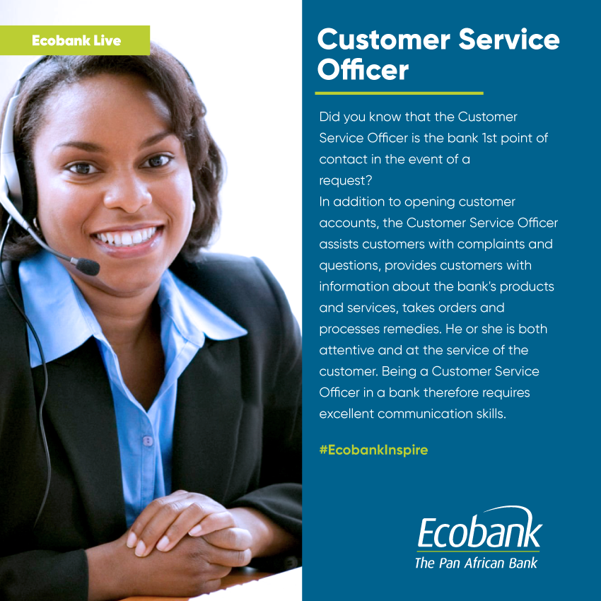EcobankCameroun's tweet photo. Discover today the job of Customer Service Officer commonly known as CSO and give a new life to your career with ECOBANK!!
#CustomerServiceOfficer #CustomerCare #ServiceDelivery https://t.co/TOcD3Nhhxu