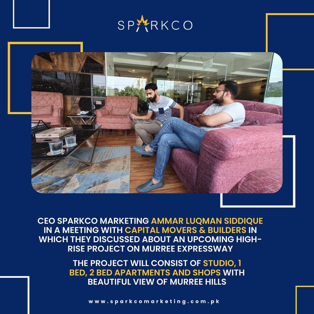 CEO Sparkco Marketing Ammar Luqman Siddique in a meeting with Capital Movers & builders. The Project will consist of Studio, 1 Bed, 2 Bed Apartments and shops. Call now for Investment Consultancy.⁠ 03154509172⁠ ⁠ Visit us: Square Commercial, Bahria Phase 7, Islamabad⁠ .⁠
