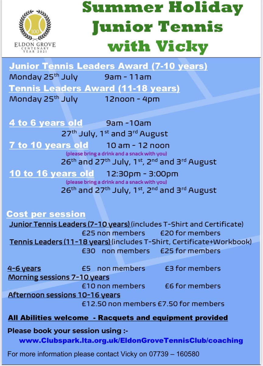Summer Holiday sessions are now available to book using the following link:-

clubspark.lta.org.uk/EldonGroveTenn…

Please note the Tennis Leaders Awards are only for children currently playing at the club (or players that played the previous season)

Hope to see you there ❤️🎾