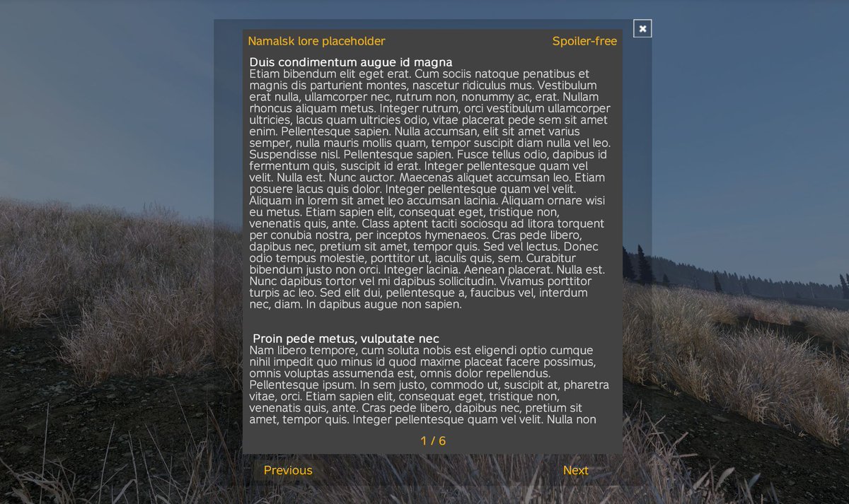 All upcoming #Namalsk lore has been finalized this week. Exciting times ahead for all the Namalsk lore enthusiasts!
Additionally, old lore docs were proofread by <a href="/TheBwais/">Jimmy Sunday</a> and you wont need a 🔎 to read it all in the game. All coming up in the Content Update #3! #PhoenixCountdown