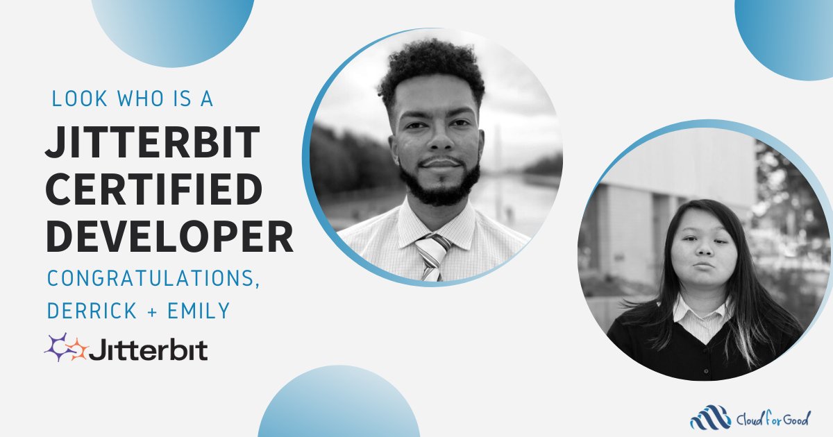 cloud4good's tweet photo. Two more #Goodies are officially @jitterbit Certified Developers! 👏

Derrick + Emily are both from our first #TalentforGood cohort and have been working hard to gain many certifications over the past few months. 💪

Congrats to you both on all your hard work! 💙 https://t.co/TrRPjsqgDt
