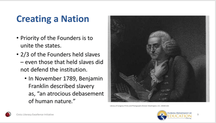 JeffreyASachs's tweet photo. Under a new civics program launched by Gov. DeSantis, the Florida DoE is partnering with Hillsdale College to offer professional training to public K-12 teachers. Here is what teachers were shown last week about: 

1. The Founders' opposition to slavery;

https://t.co/I2QAfi32yw https://t.co/Ljq8yLDddK