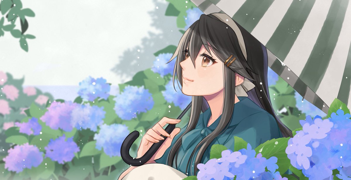 haruna (kancolle) 1girl solo long hair hydrangea umbrella flower black hair  illustration images