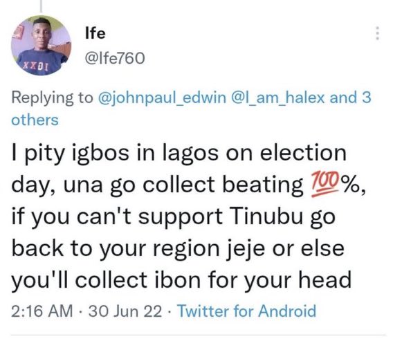 RT @AfamDeluxo: Bola Ahmed Tinubu supporter threatens to harm suspected Igbos on election day. https://t.co/29Fy8olha8