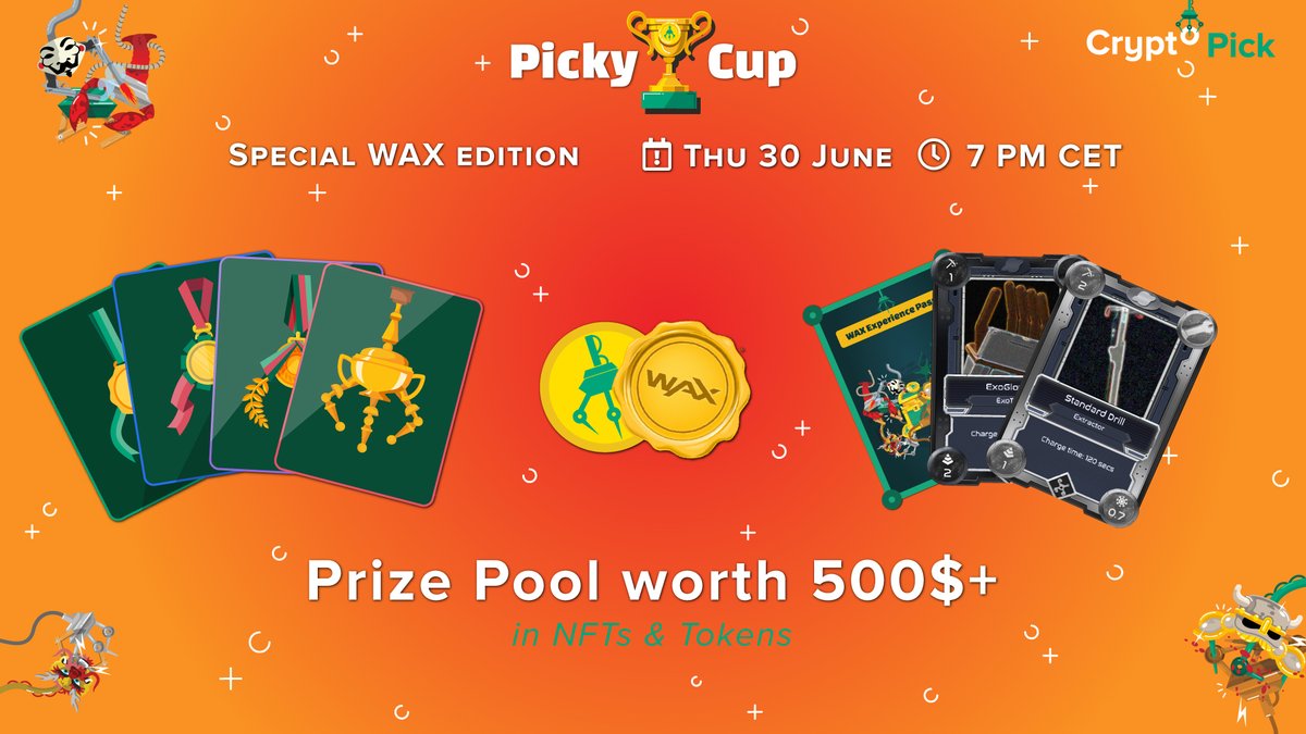 Tonight it's Picky Cup! 🏆
Join us for trading battles, fun and prizes!
#NFTs, Pickies, <a href="/AlienWorlds/">Alien Worlds Official</a> mining tools and $WAX 🥳
📅Thu 30 June - ⏰ 7 PM CET
👉cryptopick.net
#play2earn