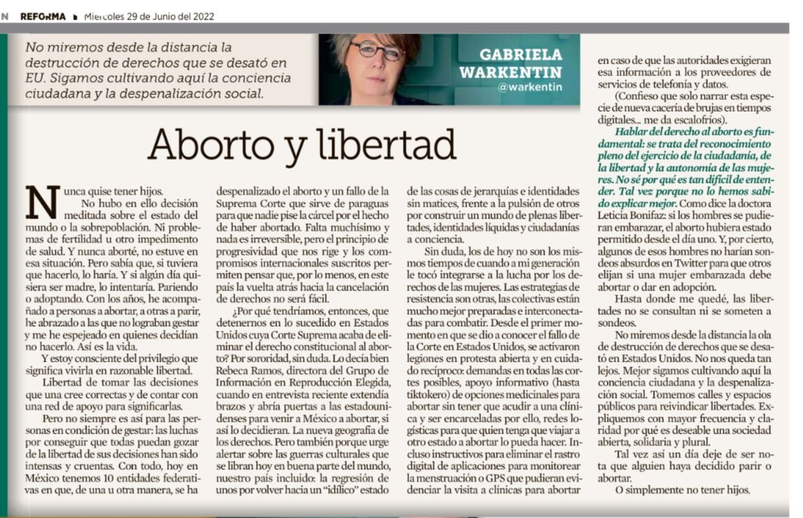 melissaayala92's tweet image. Que gran columna la de @warkentin sobre aborto y libertad en @Reforma .
Si no la han leído, van.
Que gran forma de poner lo que implica el derecho a decidir.